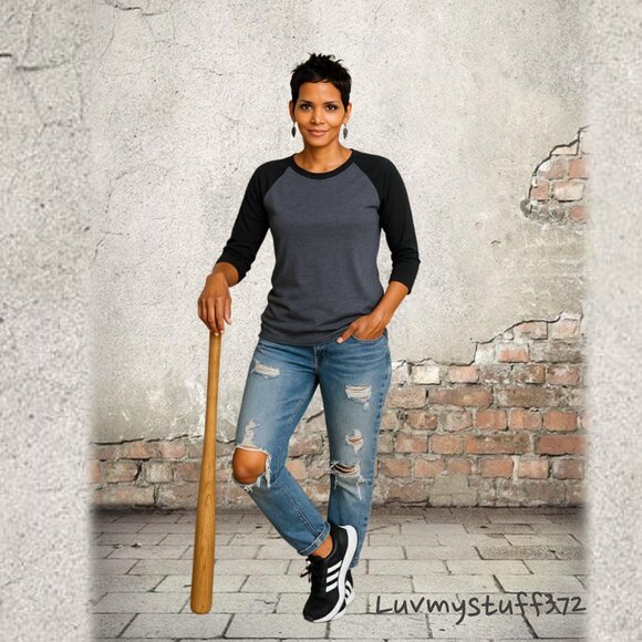 Cute SOFFE Gray and Black Baseball Jersey style top - Picture 3 of 11